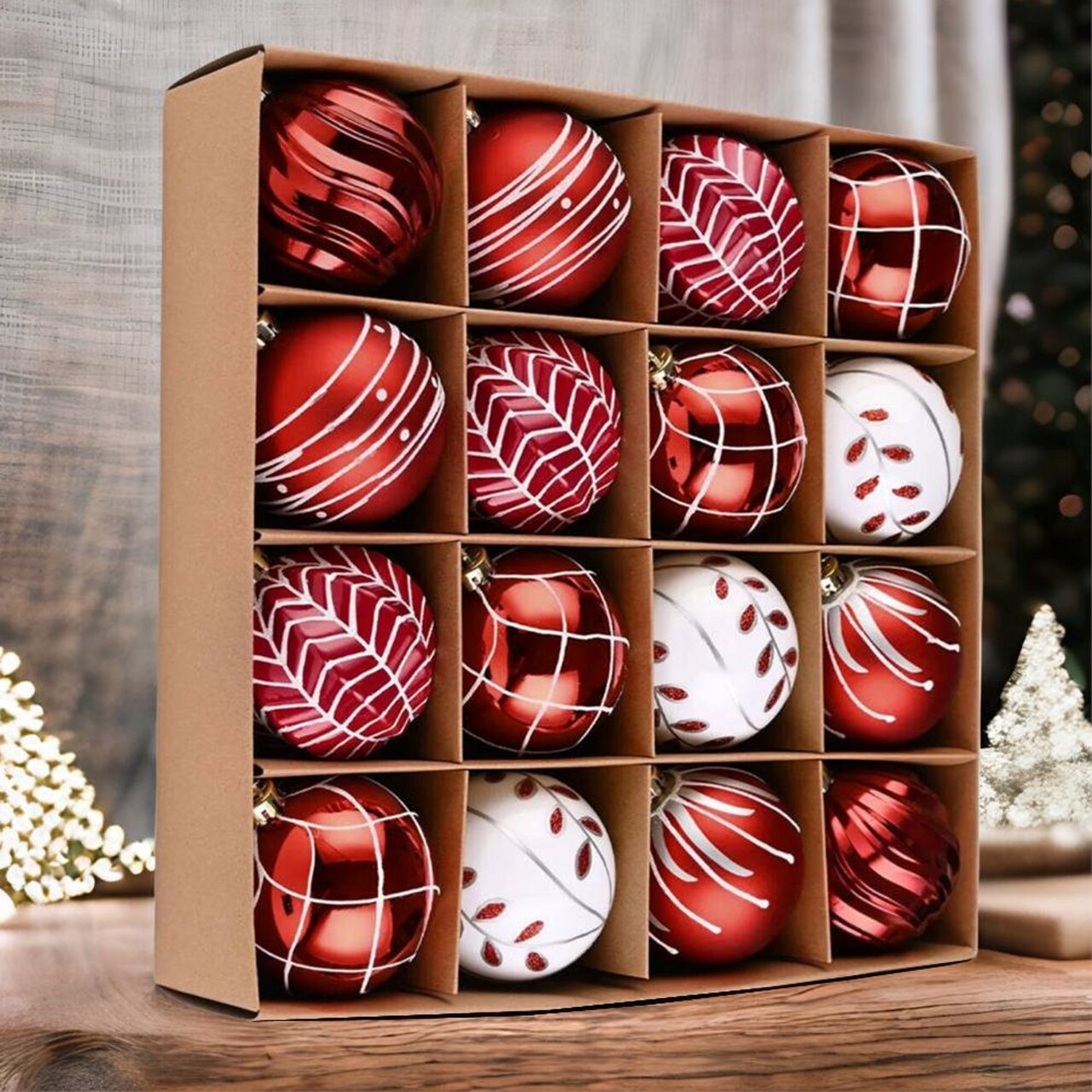 Festive Christmas Ball Set, 16 Ornaments with Varied and Refined Red Colors Packaged